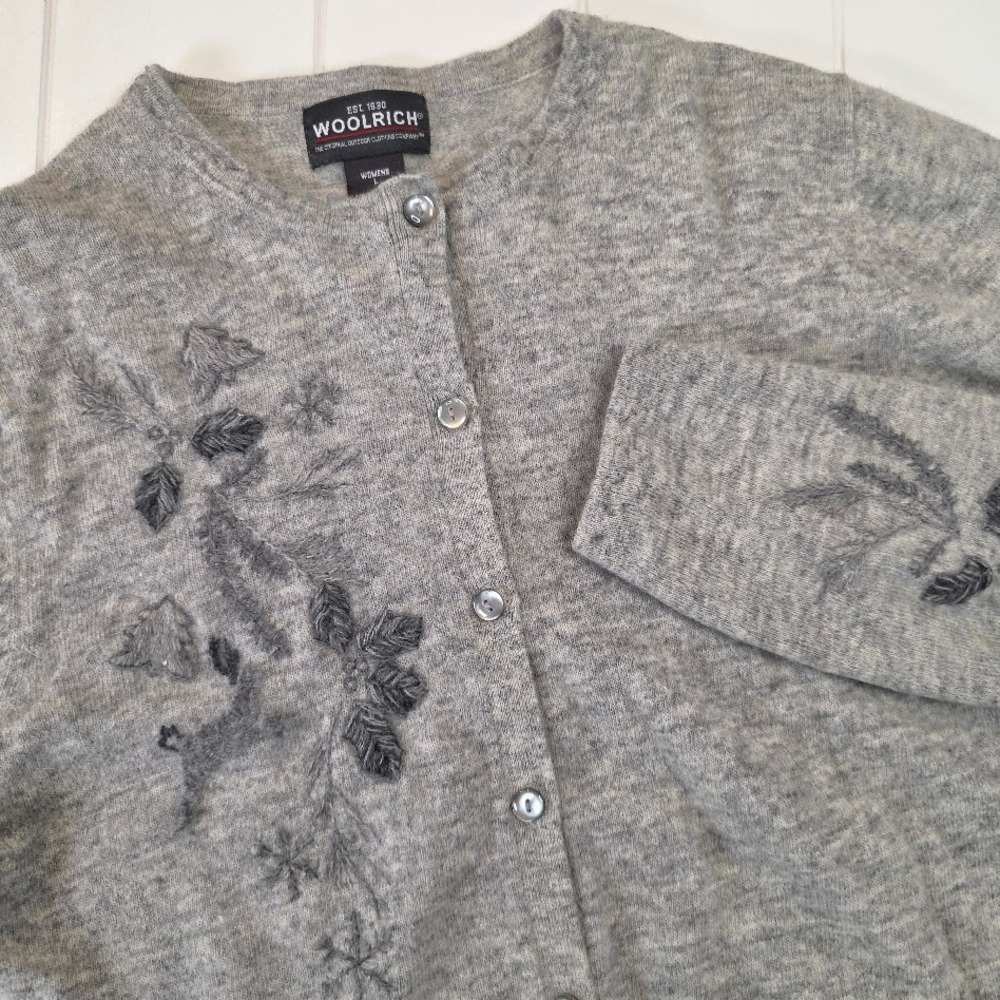 Woolrich Women's L Cardigan Grey Heather Embroidered Lambswool Angora Blend